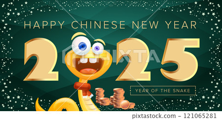 Cartoon snake with scarf symbol of 2025 lunar year. New year illustration. Happy Chinese New Year 2025 illustration vector design with cute and elegant golden snake and golden coins. Cartoon snake with scarf symbol of 2025 lunar year. New year illustration. Happy Chinese New Year 2025 illustration vector design with cute and elegant golden snake and golden coins. 121065281