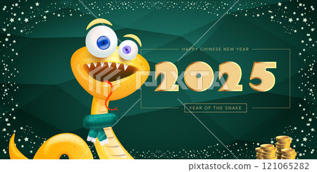 Cartoon snake with scarf symbol of 2025 lunar year. New year illustration. Happy Chinese New Year 2025 illustration vector design with cute and elegant golden snake and golden coins. 121065282
