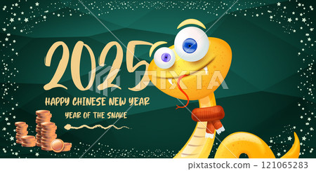 Cartoon snake with scarf symbol of 2025 lunar year. New year illustration. Happy Chinese New Year 2025 illustration vector design with cute and elegant golden snake and golden coins. Cartoon snake with scarf symbol of 2025 lunar year. New year illustration. Happy Chinese New Year 2025 illustration vector design with cute and elegant golden snake and golden coins. 121065283