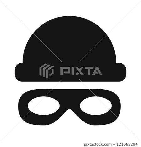 Incognito mask, villain or robber hide face element, black silhouette mystery costume with hat icon. Superhero or carnival bandit burgar  121065294