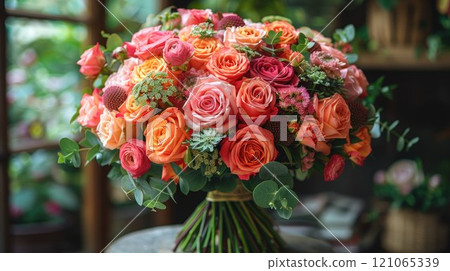 Arrangement of multi-colored flowers 121065339