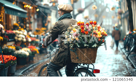 A Senior man rides a bicycle with a wicker basket containing a bunch of flowers 121065340