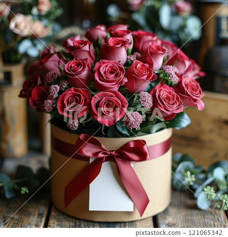 Red roses a round box with a red ribbon 121065342