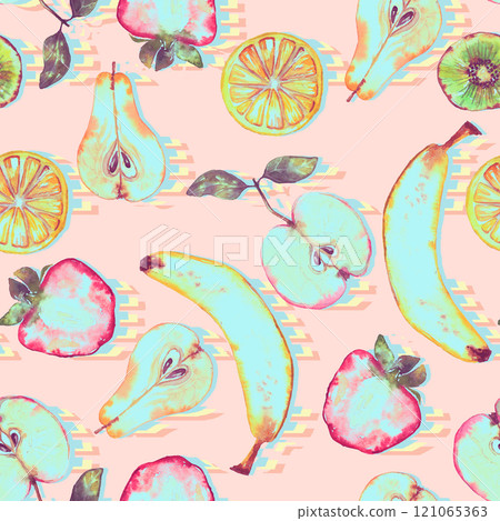 Seamless pattern of plenty colorful fruits. Summer print with hand drawn fruits. Watercolor illustration Seamless pattern of plenty colorful fruits. Summer print with hand drawn fruits. Watercolor illustration 121065363