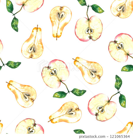 Seamless pattern of colorful apples and pears. Summer print with hand drawn fruits. Watercolor illustration 121065364