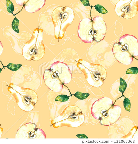 Seamless pattern of colorful apples and pears. Summer print with hand drawn fruits. Watercolor illustration Seamless pattern of colorful apples and pears. Summer print with hand drawn fruits. Watercolor illustration 121065368