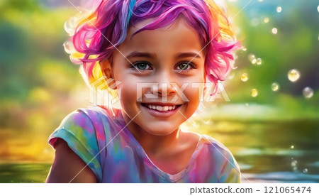 Beautiful happy baby child with colorful hair and rainbow paint splashes background. Watercolor art, paint drops, colorful melting hair, intricate and intense oil paint, abstract color background. AI 121065474