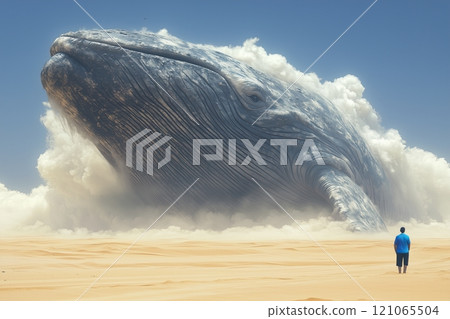 The head of a blue whale drills into the cloud surrounded by thunderstorms with sand swirling around it, creating a surreal atmosphere. In the foreground, a person stands observing the spectacle. 121065504