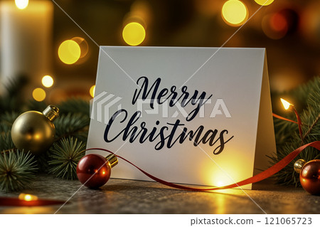 Merry Christmas card with festive decorations and glowing lights 121065723