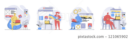 Web design concept set in flat design. Collection with people creating homepage layout with content filling and usability, making banners and graphic elements for site interface. Vector illustrations. Web design concept set in flat design. Collection with people creating homepage layout with content filling and usability, making banners and graphic elements for site interface. Vector illustrations. 121065902