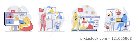 Video business conference concept set in flat design for web. Collection with people working remotely, connecting online at workplace screens, get breafing, discussing tasks. Vector illustrations. 121065908