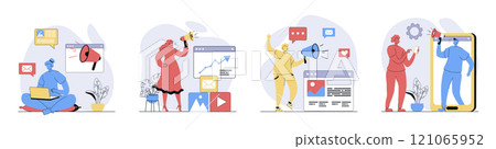 Digital marketing concept set in flat design for web. Collection with people with megaphones influencing and attracting new clients, making online advertising and promotion. Vector illustrations. Digital marketing concept set in flat design for web. Collection with people with megaphones influencing and attracting new clients, making online advertising and promotion. Vector illustrations. 121065952