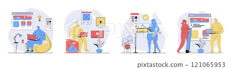 Designer studio concept set in flat design for web. Collection with people drawing digital images and graphic elements, selecting colours, building visual site layout with tools. Vector illustrations. 121065953