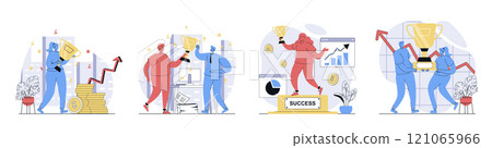 Business award concept set in flat design for web. Collection with people working together and achieving career goals, celebrating win, get golden trophy cup and increase profit. Vector illustrations. 121065966