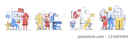 Back to school concept set in flat design for web. Collection with people studying at classes, pupils learning with teacher, parent with kid near bus, student at video lecture. Vector illustrations. 121065969