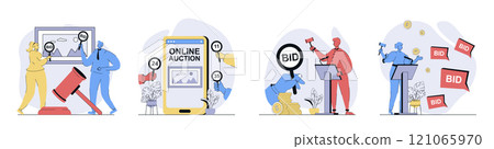 App development concept set in flat design for web. Collection with people bidding and buying pictures in frame at exhibition and arts at online auction, trader using gavel. Vector illustrations. 121065970