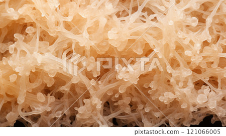 Natural fungus mycelium network texture closeup. Filaments of fungi microorganisms Natural fungus mycelium network texture closeup. Filaments of fungi microorganisms 121066005