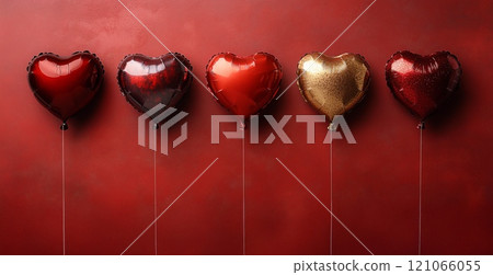 Inflatable red heart on a red background. Holiday card, Valentine's Day concept Love is in the air Inflatable red heart on a red background. Holiday card, Valentine's Day concept Love is in the air 121066055