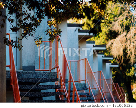 Campus houses Zlatne stijene with stairs and railings. Holiday resort apartments for tourists near the sea. Pula, Croatia - December 1, 2024 121066122