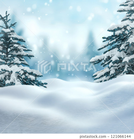 Christmas snowy landscape background with snow drifts hills and snow-covered fir trees 121066144