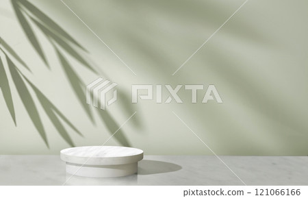 A sleek marble display product pedestal against green wall with soft foliage shadows A sleek marble display product pedestal against green wall with soft foliage shadows 121066166