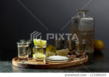 Gold tequila with salt and lime slices. Gold tequila with salt and lime slices. 121066205
