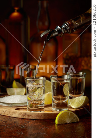 Gold tequila with salt and lime slices. 121066210