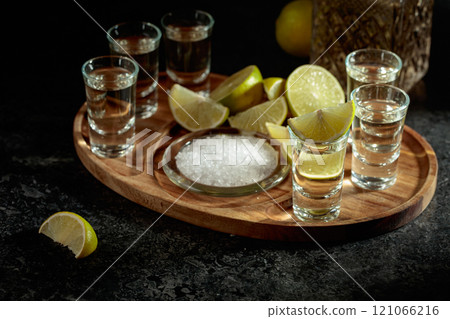 Gold tequila with salt and lime slices. 121066216