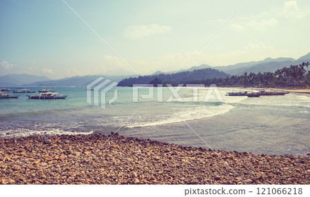 Scenic beach on Palawan island, color toning applied, Philippines. 121066218