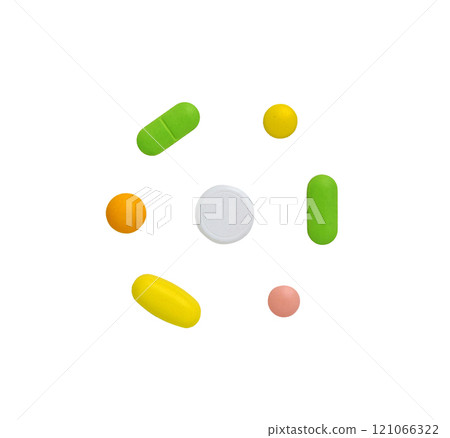 Set of colorful pills and tablets. 121066322