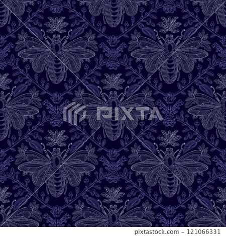 Bee and Floral Seamless Pattern: Elegant Vector Illustration for Fabrics, Wallpapers, and Packaging Design 121066331