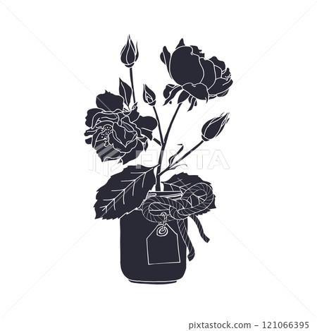 Black silhouette of rose flower in mason jar isolated on white background 121066395