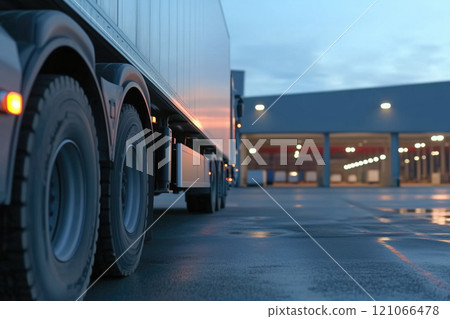 Trucks in warehouse at night. Cargo transportation and logistics concept. 121066478