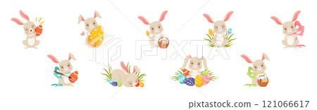 Cute Bunny with Easter Decorated Egg Shell Vector Set Cute Bunny with Easter Decorated Egg Shell Vector Set 121066617
