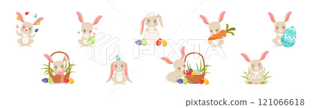 Cute Bunny with Easter Decorated Egg Shell Vector Set Cute Bunny with Easter Decorated Egg Shell Vector Set 121066618