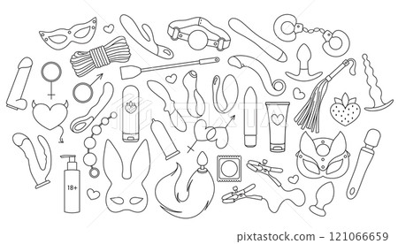Big vector set of adult sex toys, accessories for bdsm sex games, linear black and white icons, doodle and sketch style, hand drawing 121066659