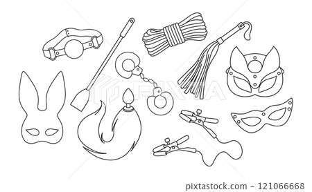 vector set of adult sex toys, accessories for bdsm sex games, linear black and white icons, doodle and sketch style, hand drawing vector set of adult sex toys, accessories for bdsm sex games, linear black and white icons, doodle and sketch style, hand drawing 121066668