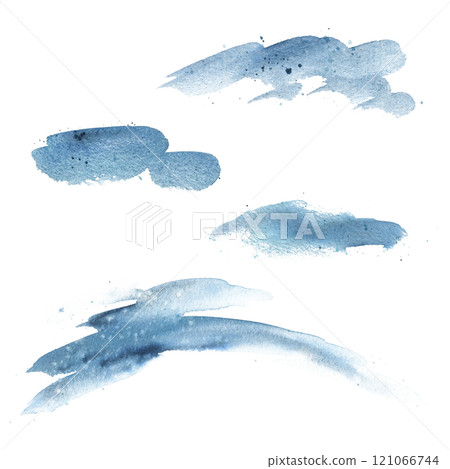 Blue, turquoise brush strokes, snowdrifts, shadows, sea waves, footprints on snow. Watercolor illustration hand drawn. Separate element isolated from background for landscape designer and arrangements 121066744