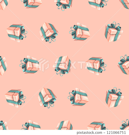 Gift boxes with ribbons and bows in coral and turquoise colors on a pink background. Watercolor illustration, hand drawn. Seamless pattern for congratulations, wrapping paper, holiday decoration 121066751