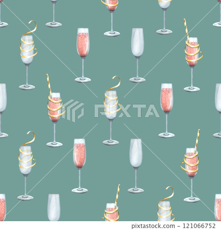 Glasses with pink champagne wine, with cocktail tubes and festive ribbons on a turquoise background. Hand-drawn watercolor illustration. Seamless pattern for wrapping paper and congratulations. Glasses with pink champagne wine, with cocktail tubes and festive ribbons on a turquoise background. Hand-drawn watercolor illustration. Seamless pattern for wrapping paper and congratulations. 121066752