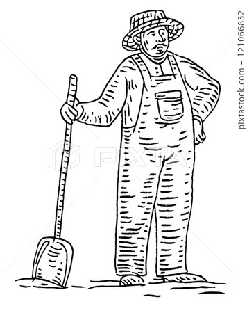 Farmer digs a shovel ground. Front view. Vector black vintage vector engraving 121066832