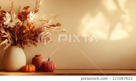 Autumn ikebana, bouquet of dried flowers, leaves in a clay vase on a wooden table on a beige neutral background. Home Decor with pumpkins on Halloween This is AI-generated item 121067022