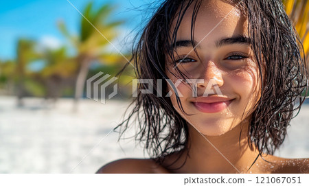 Beautiful young mixed race smiled girl 16 years old with dark wet black hair on a sandy beach in summer day. Vacation, travel to a tropical resort. This is AI-generated item 121067051