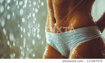 Cropped image of wet female body in a shower with water drops. Flat pumped woman's abdomen, beautiful athletic figure. White panties on a beauty girl 121067070