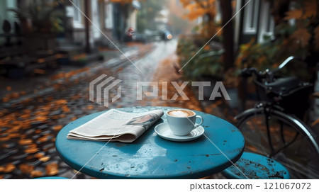 Blue round table with a white coffee cup and paper newspapers press on autumnal city street going in perspective. Autumn, fall season. Vintage bicycle 121067072