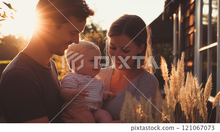 Happy young complete family dad mom and baby toddler standing outside the house in the warm sunlight at sunset. Future generation, parenthood concept. 121067073