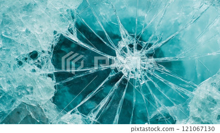 Broken glass showing radial cracks and shattered pieces in teal color 121067130