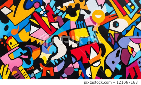 Colorful abstract painting filling the frame with geometric shapes and bold colors 121067168