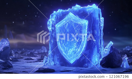 Ice block protecting shield symbol glowing under night sky 121067196