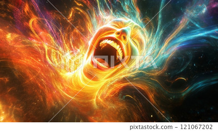 Screaming face dissolving into colorful energy and particles 121067202